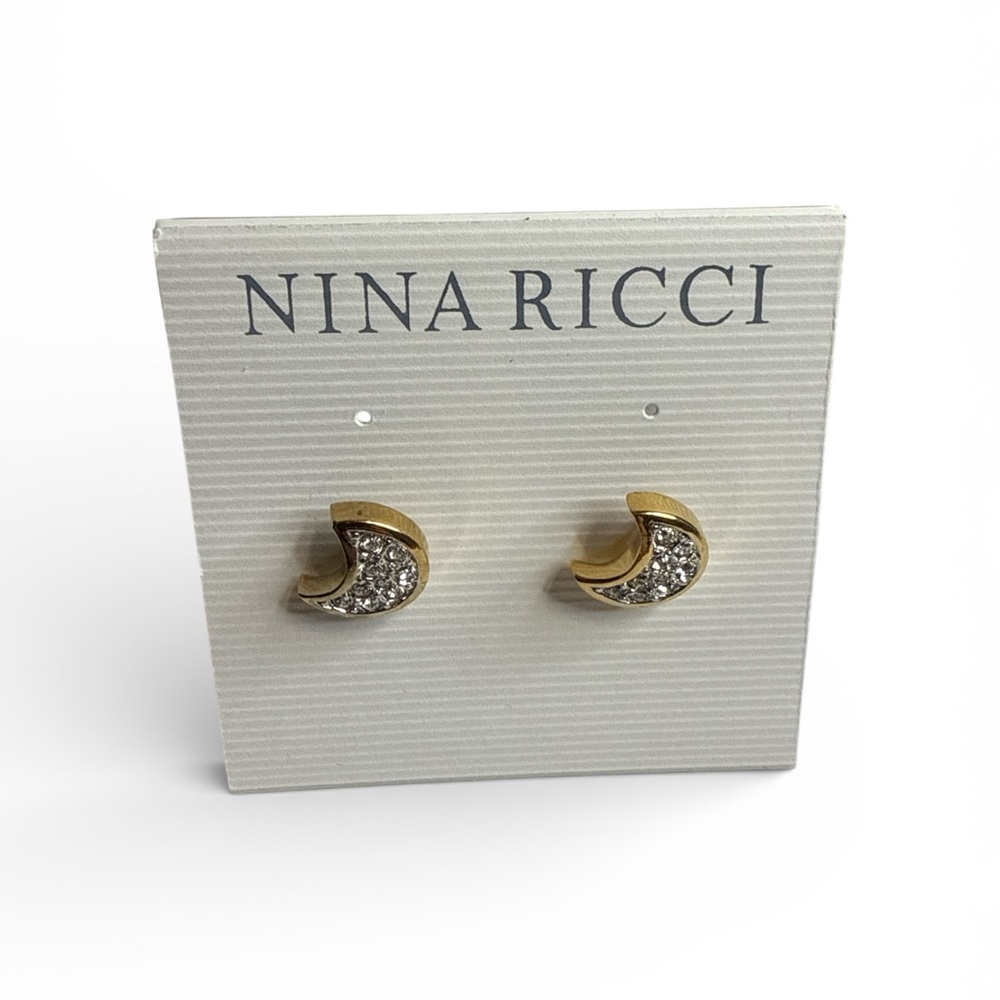 Nina Ricci Gold-Tone Crescent Crystal Stud Earrings